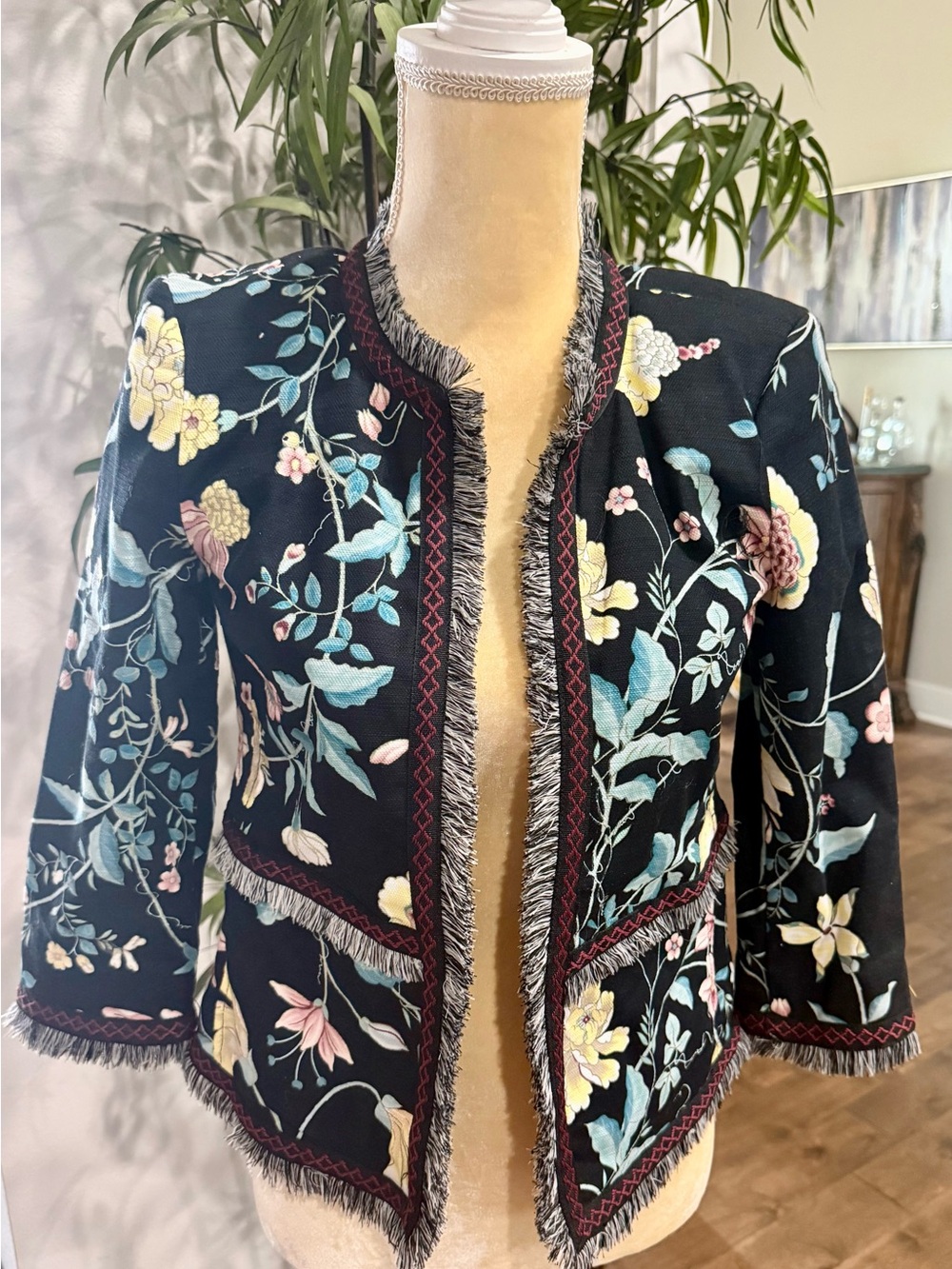 LOFT Black Floral Embroidered Fringe-Trim Blazer